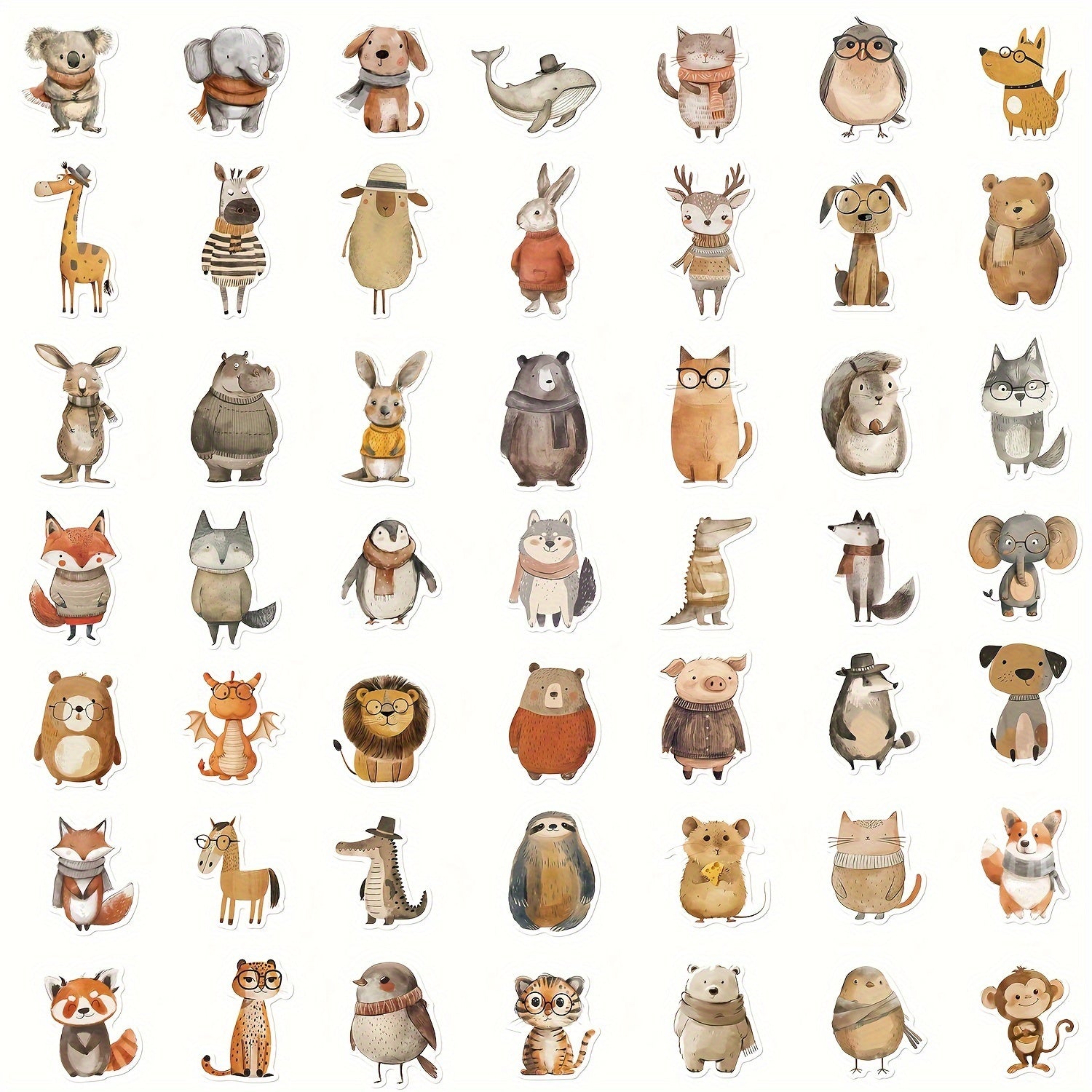 50 Hand Drawn Animal Stickers for DIY Luggage Scrapbook