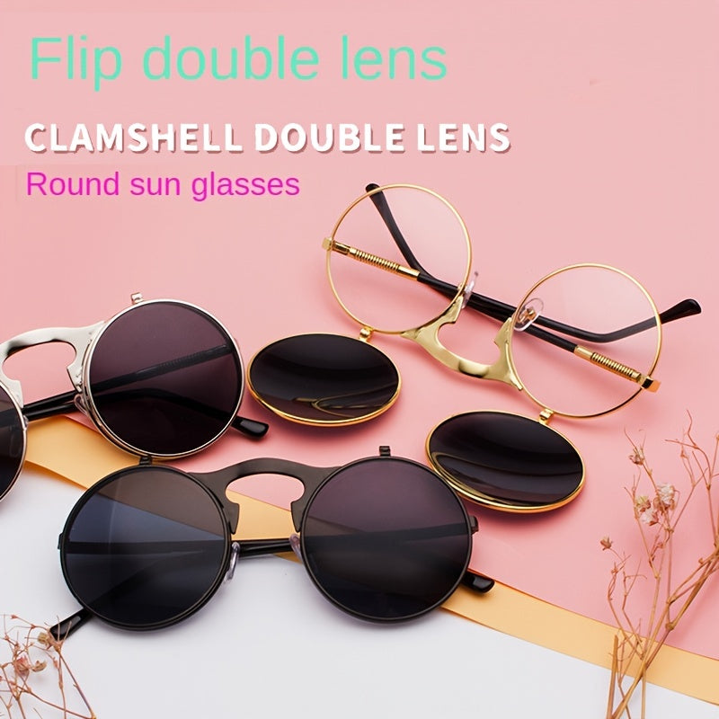 Vintage Metal Steam Punk Flip Sunglasses Unisex Round Frame Sungl