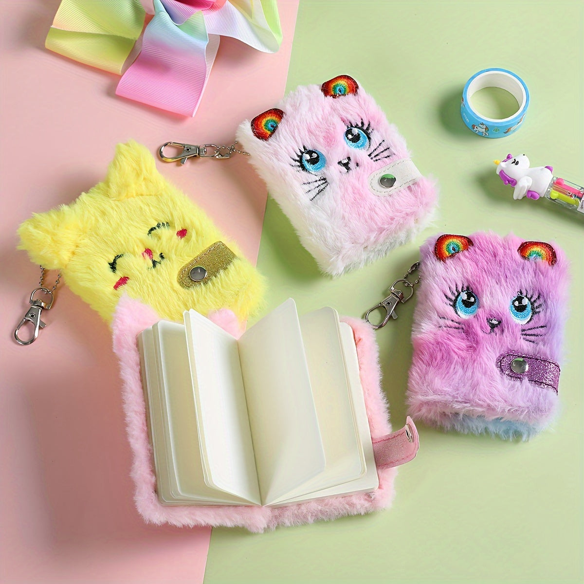 Kids Plush Cat Journal Soft Cover with Ears Keychain Backpack Accessory