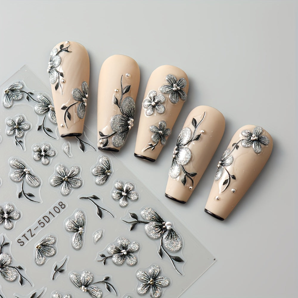 2pcs 5D Floral Nail Art Stickers Set Acrylic Flowers Decals with Glitter