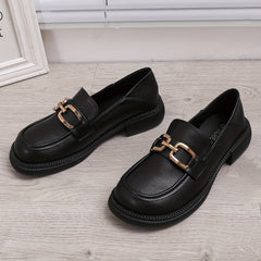 Women's Metal Decor Chunky Heel Loafers Slip On British Comfortable Shoes