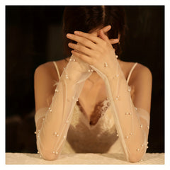 Long Fingerless Tulle Gloves with Beaded Embellishments
