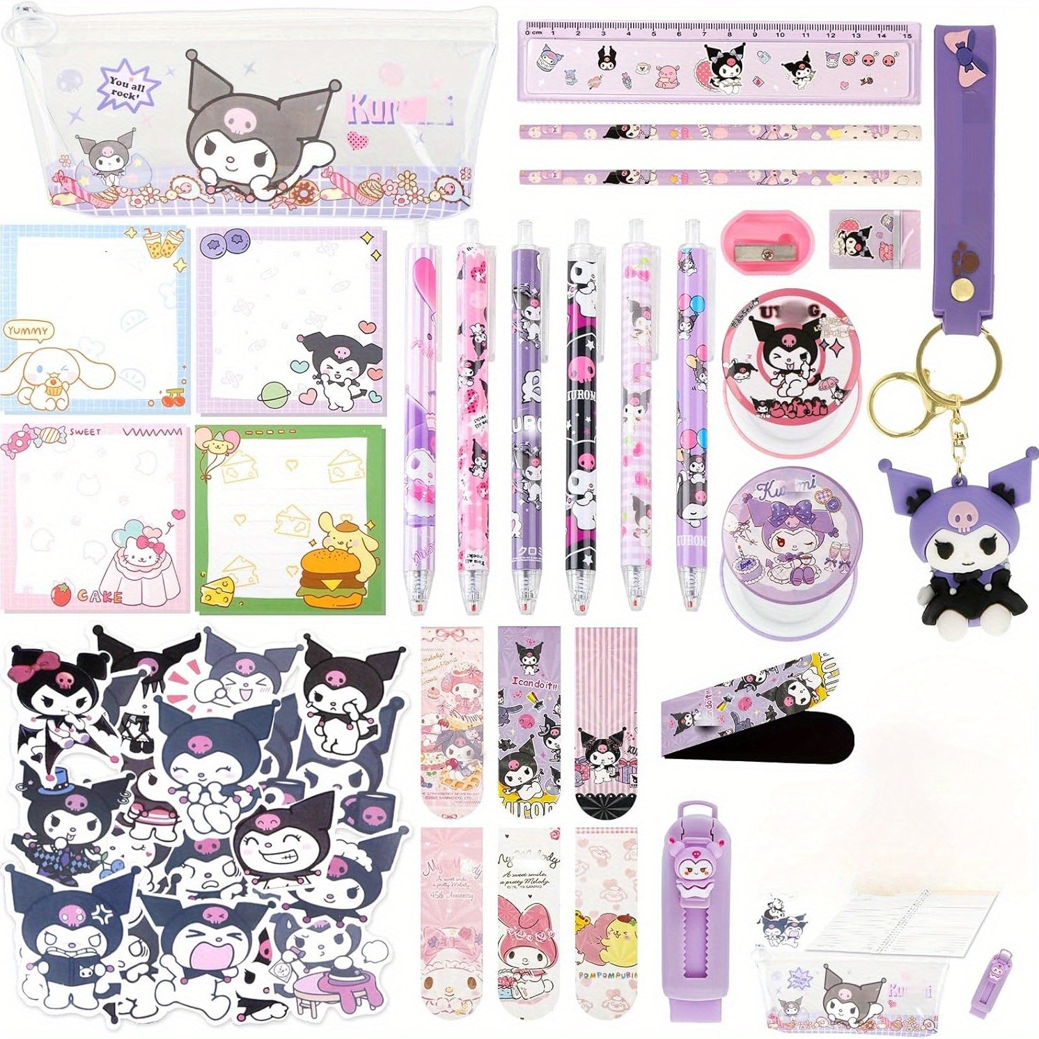 Kuromi Stationery Set: Fountain Pen, Pencil Case, Erasers, Sticky Note