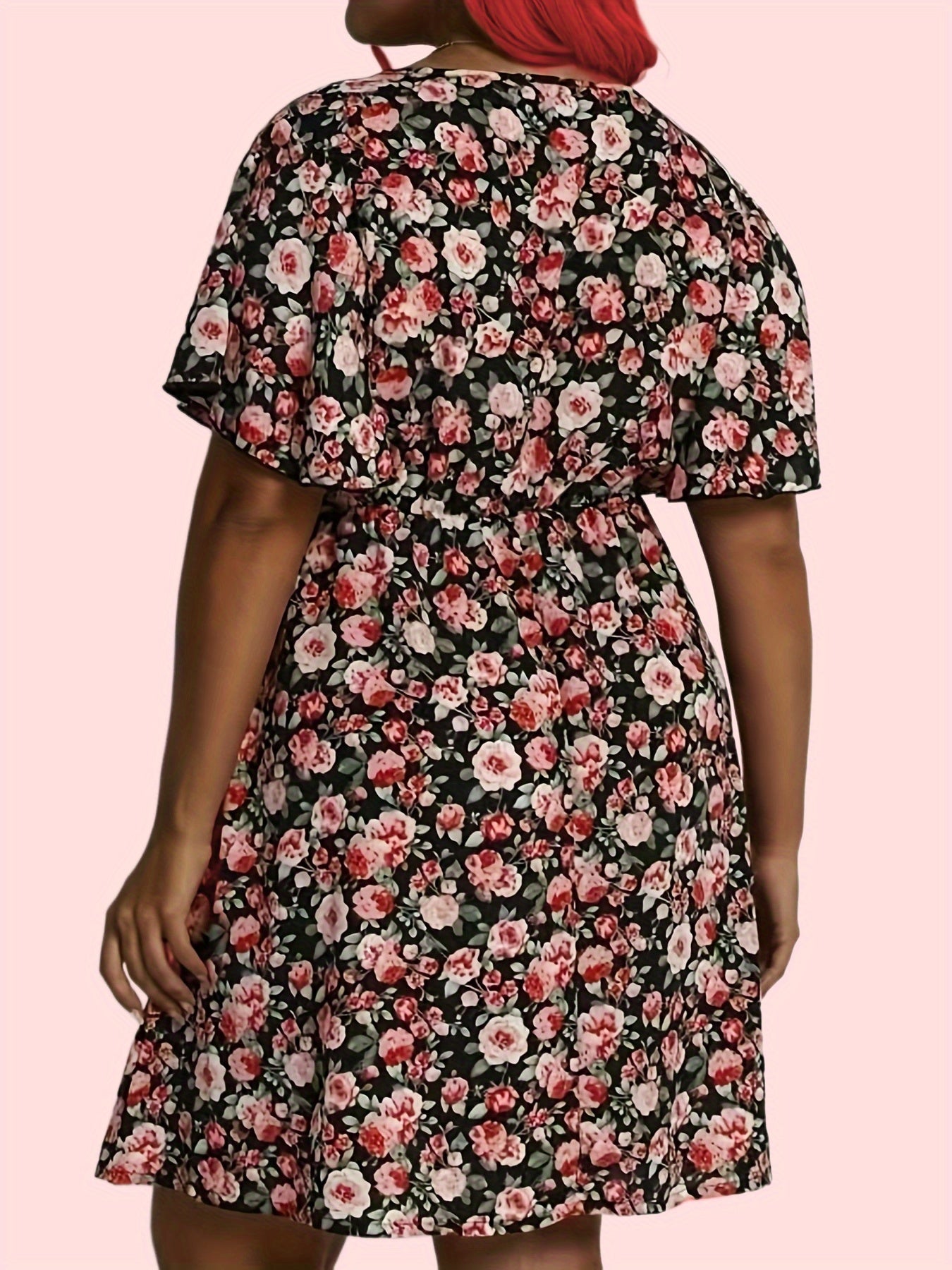  Rose Print Short Sleeve V Neck Dress