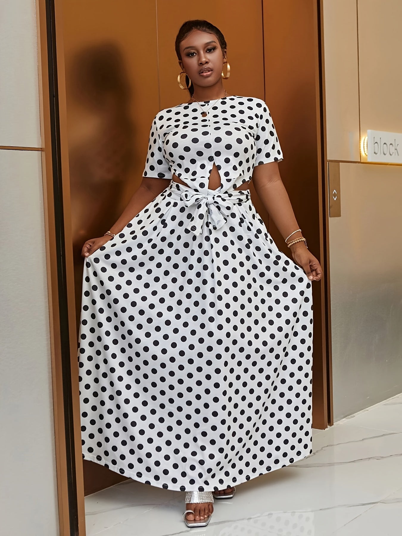  Polka Dot Print Knot Front Crop Top & Maxi Skirt Set