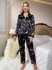 Crane Print Pajama Set Long Sleeve Top & Pants