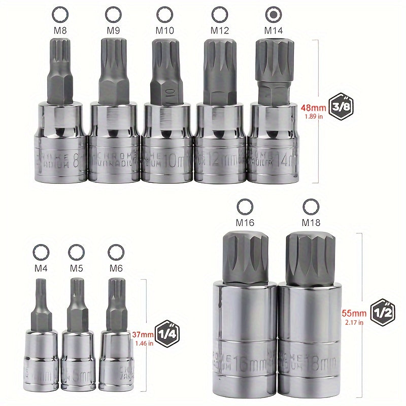 10pcs Triple Square Spline Bit Sockets Set Anti Rust Ratchets Wrench Hand Tools