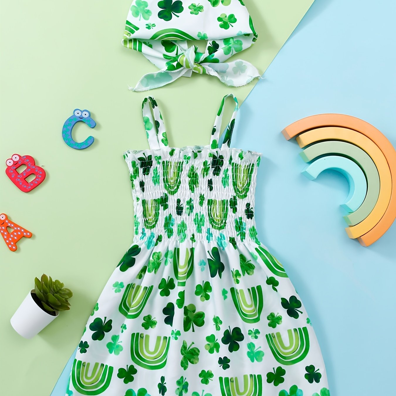 Girls Flower & Rainbow Frill Trim Shirred Dress & Headband Set