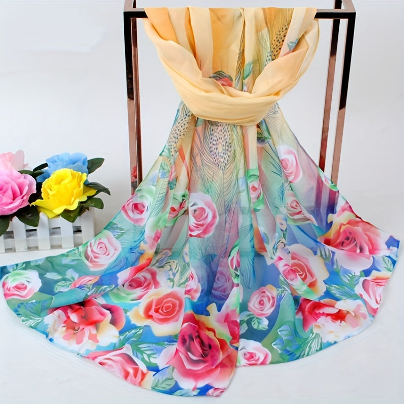 Flower Print Chiffon Scarf Boho Sunscreen Shawl Women Windproof Head Wrap
