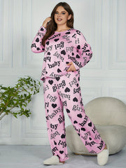  Heart & Letter Print Pajamas Set Long Sleeve Tee & Pants 2 Piece Set
