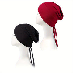 2pcs Lace Up Turban Inner Cap Head Wrap Hijab Underscarf Bonnet Beanie