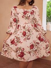  Shirred Floral Print Lantern Sleeve Dress