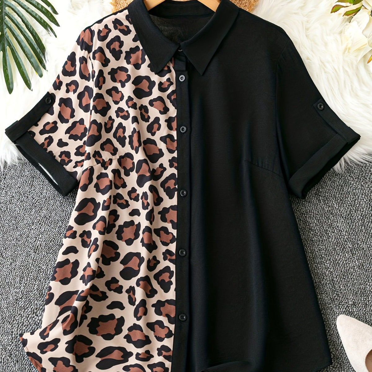  Colorblock Leopard Print Button Up Blouse
