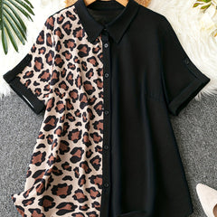  Colorblock Leopard Print Button Up Blouse