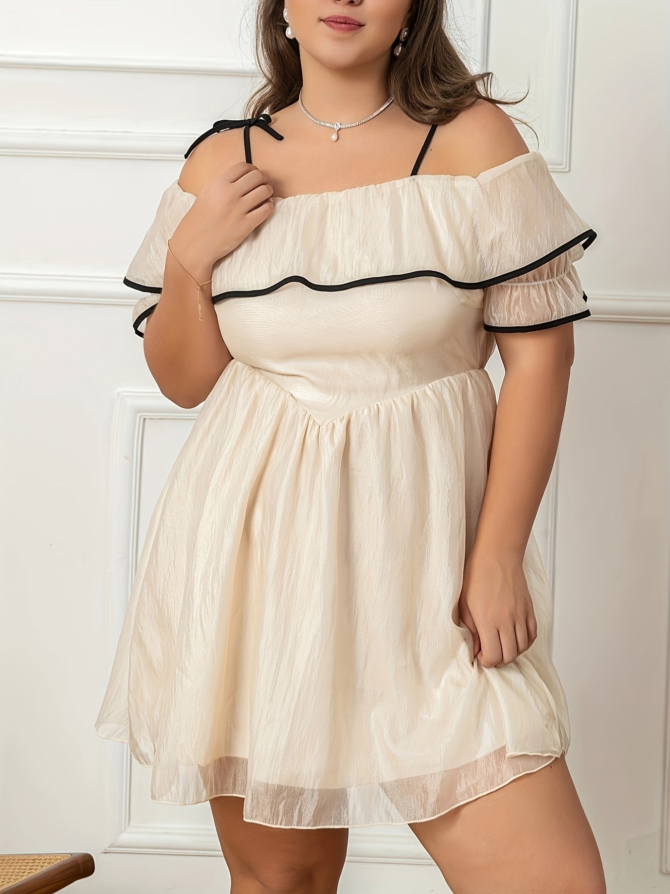  Cold Shoulder Ruffle Trim Layered Dress