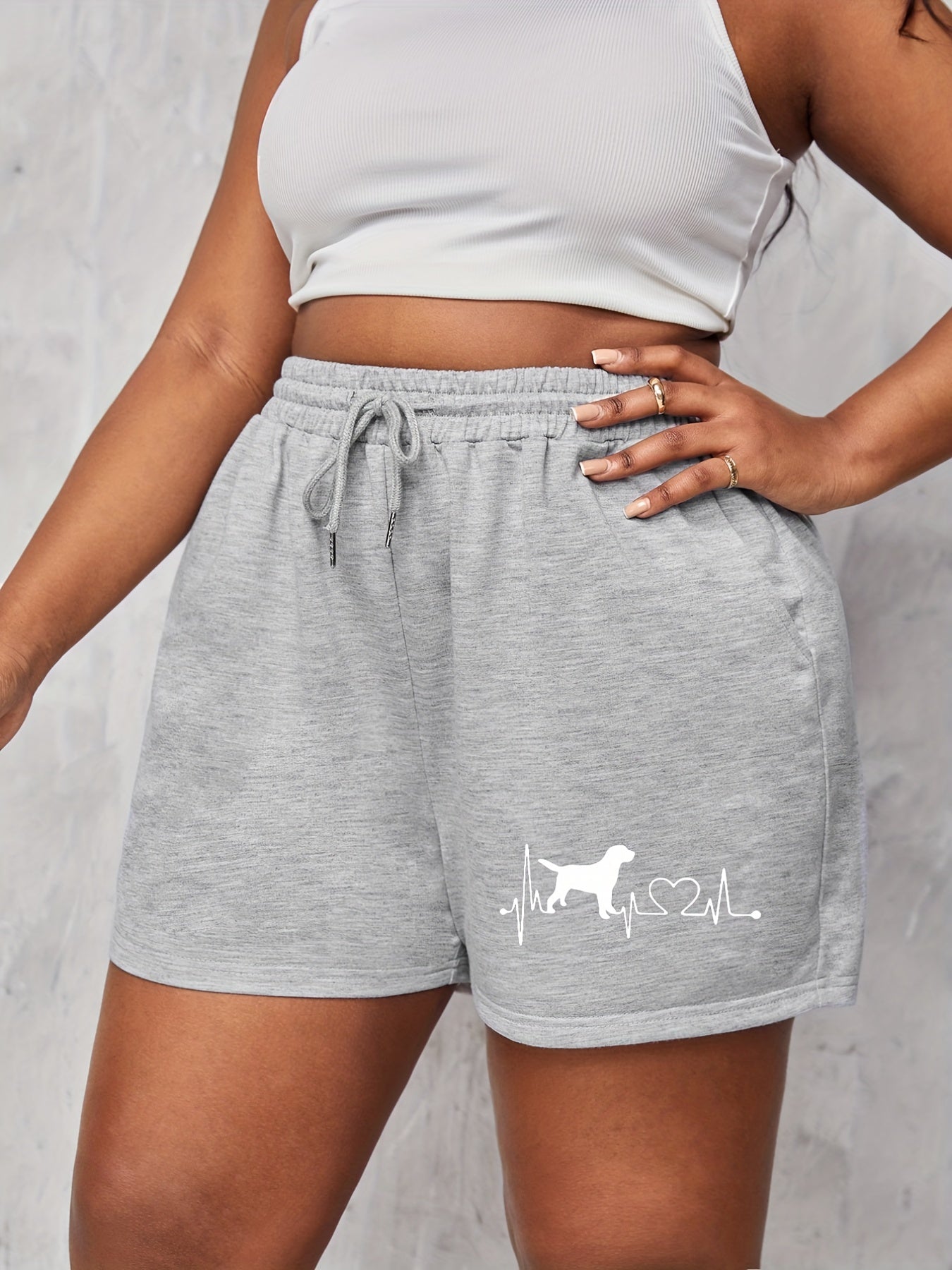 Dog Print High Rise Stretch Drawstring Loose Shorts