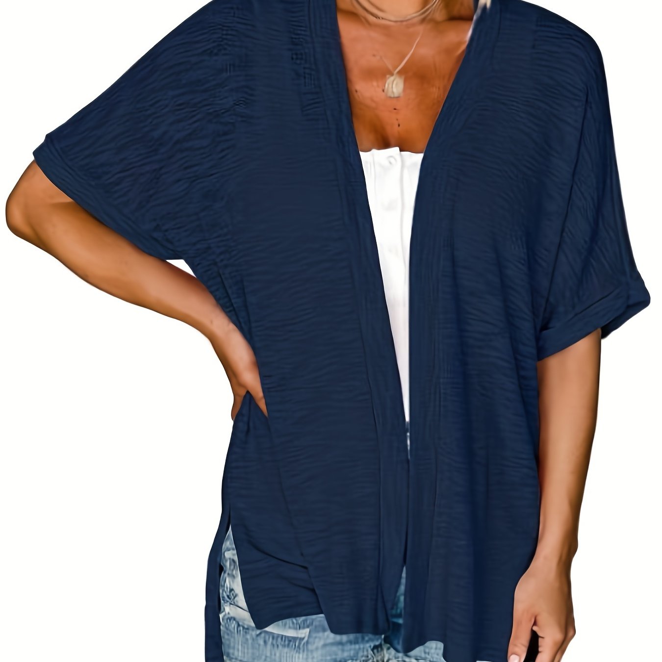  Solid Short Sleeve Open Front Cardigan