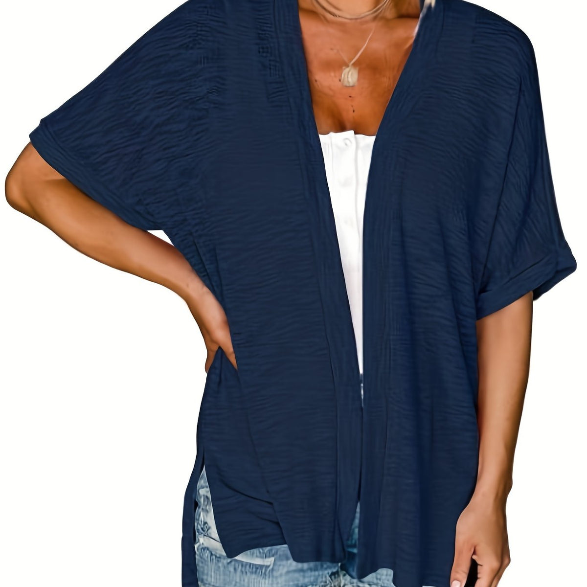  Solid Short Sleeve Open Front Cardigan