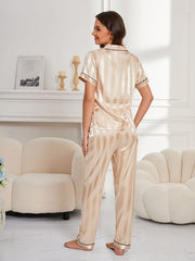 Stripe Print Pajama Set Short Sleeve Button Up Top & Lounge Pants