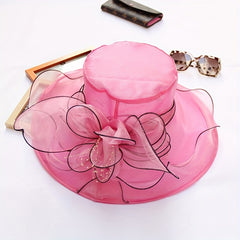 Wide Brim Organza Sun Hat Mesh Breathable Derby Church Hat Flower Decor