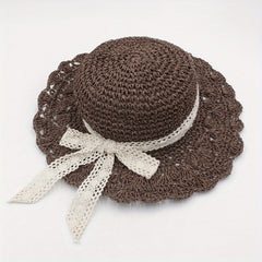 Lace Ribbon Bowknot Sun Hat Hollow Wide Brim Straw Hat Crochet Fedora Cap