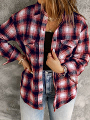  Plaid Print Button Up Long Sleeve Blouse