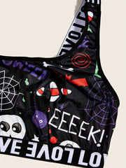  Gothic Underwear Set Skull & Spiderweb Print Bra & Panty Two Piece