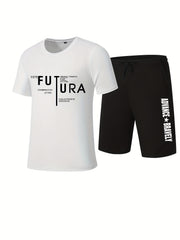 Men's Letter Print T shirt & Casual Stretch Shorts
