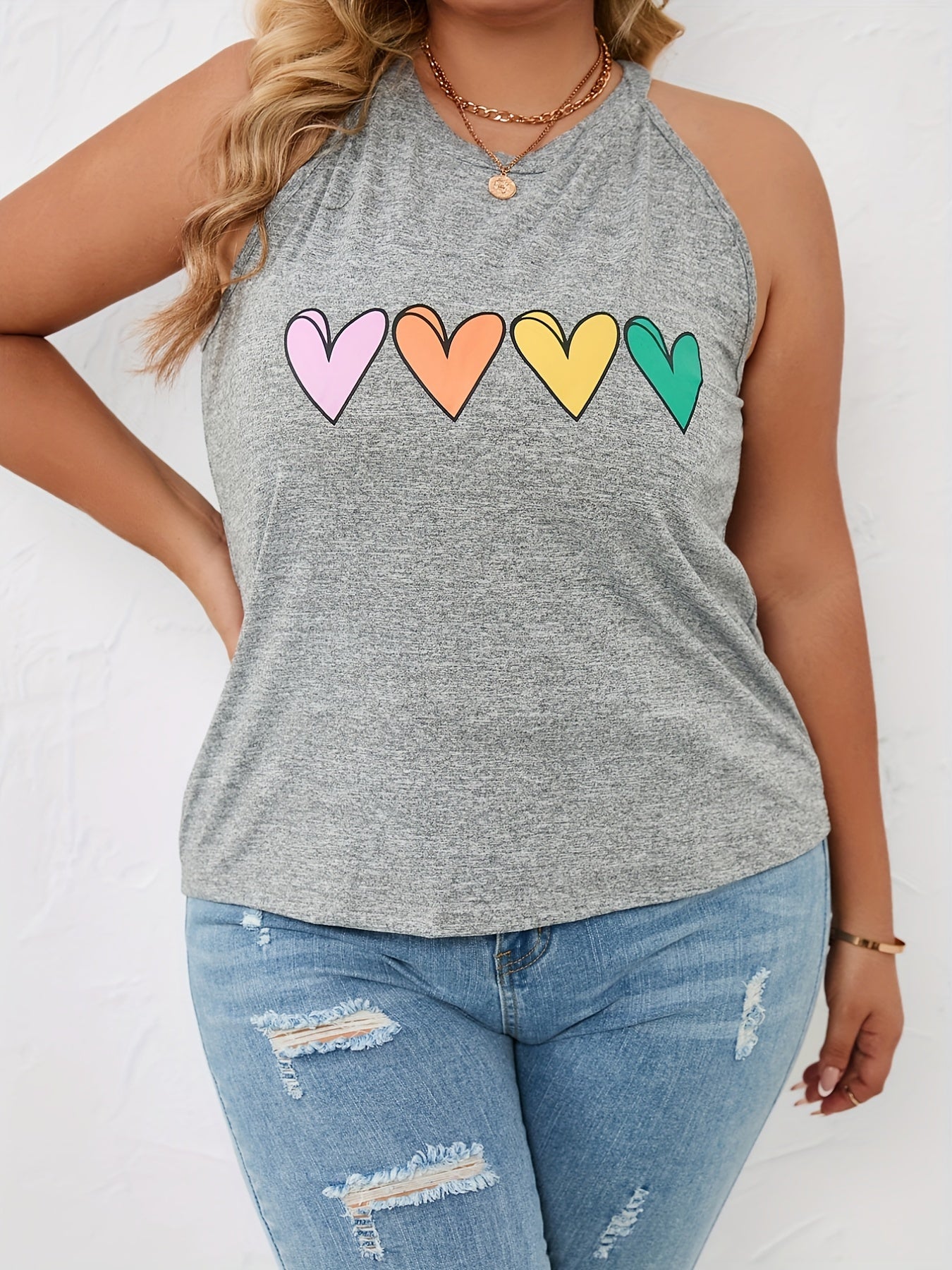  Heart Print Halter Neck Tank Top Women's Plus Medium Stretch