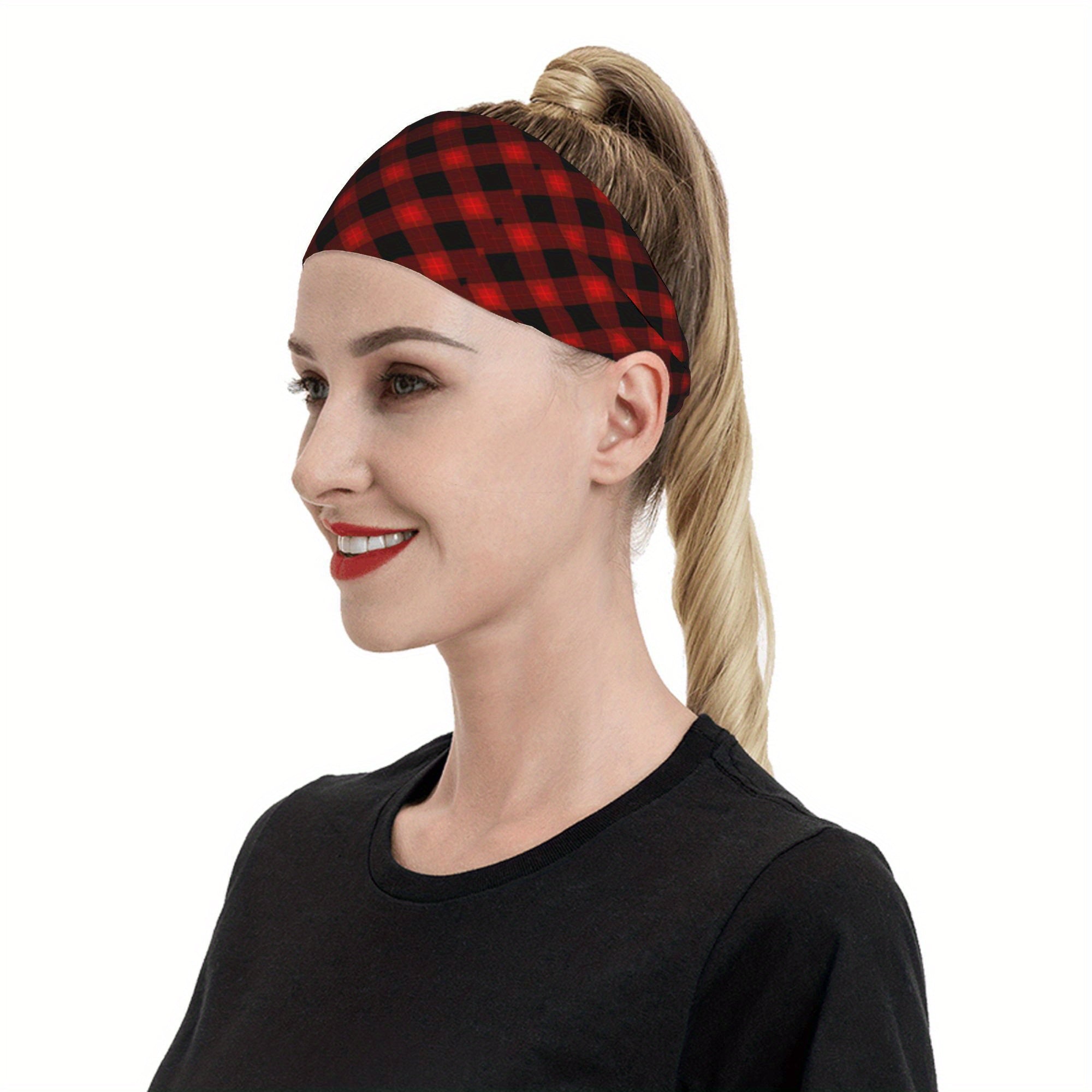 Vintage Plaid Headband Red Checkered Elastic Fit Sports Headwear