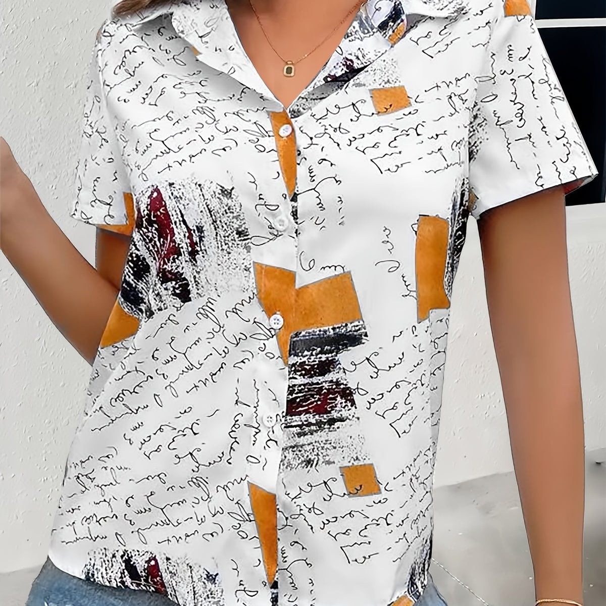 Women's Plus Size Geo & Art Letter Print Short Sleeve Blouse