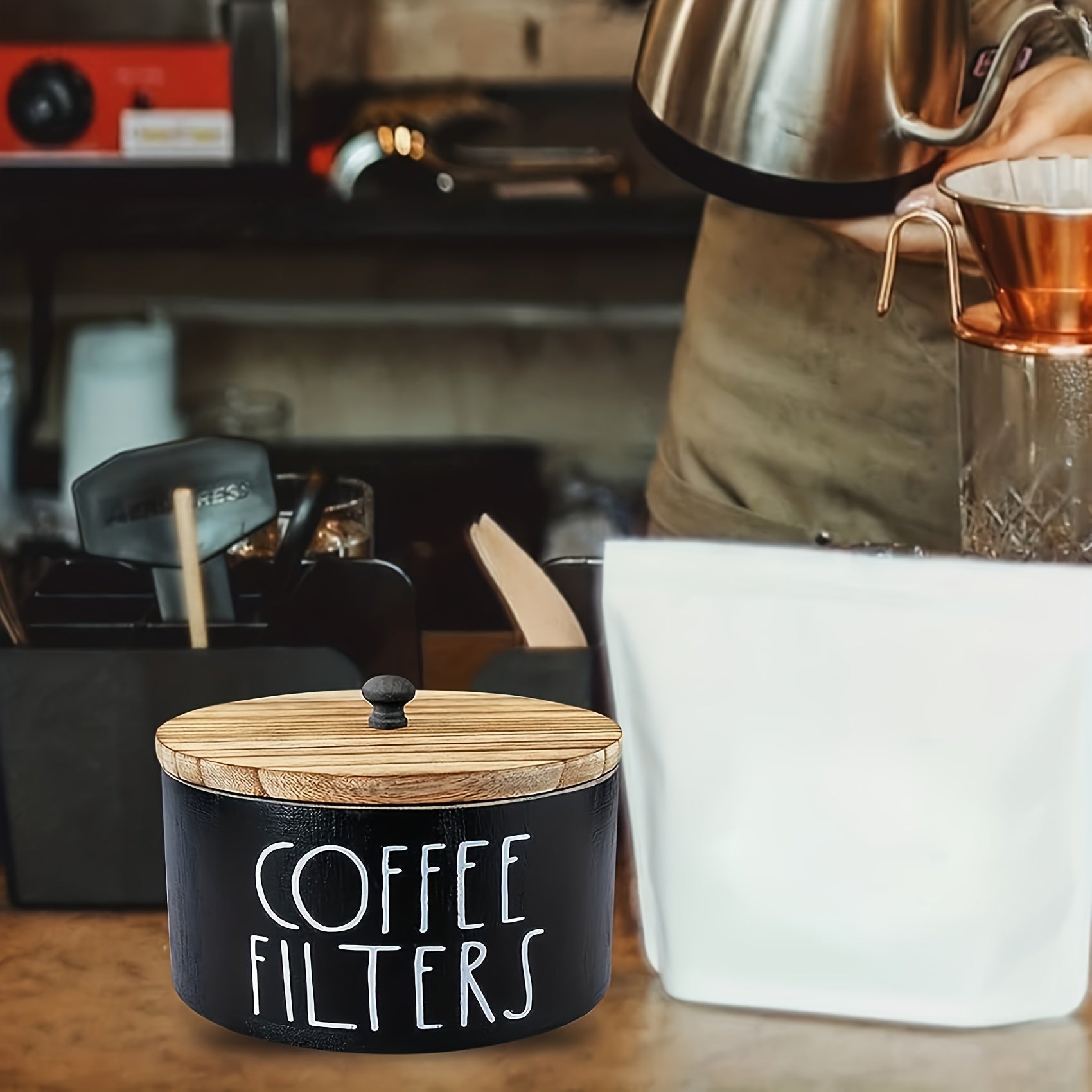 Coffee Filter Holder Wooden Storage Container Dispenser Lid