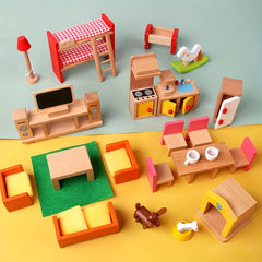 Wooden Dollhouse Family Room Toy Set for Kids