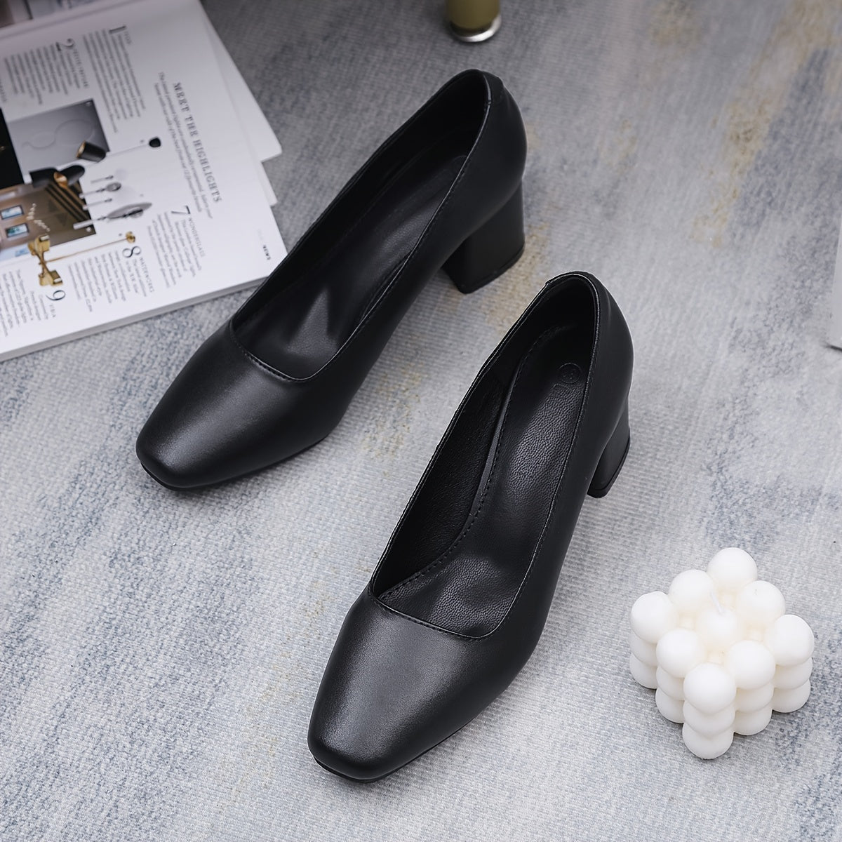Women's Square Toe Court Pumps Black Chunky Mid Heels