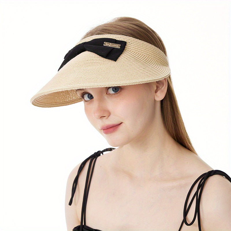 Straw Visor Hat with Bow Decor Wide Brim UV Protection