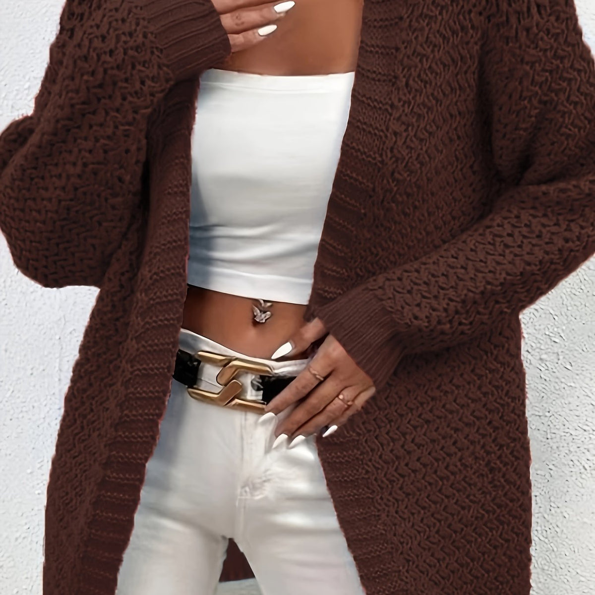  Solid Long Sleeve Open Front Cardigan