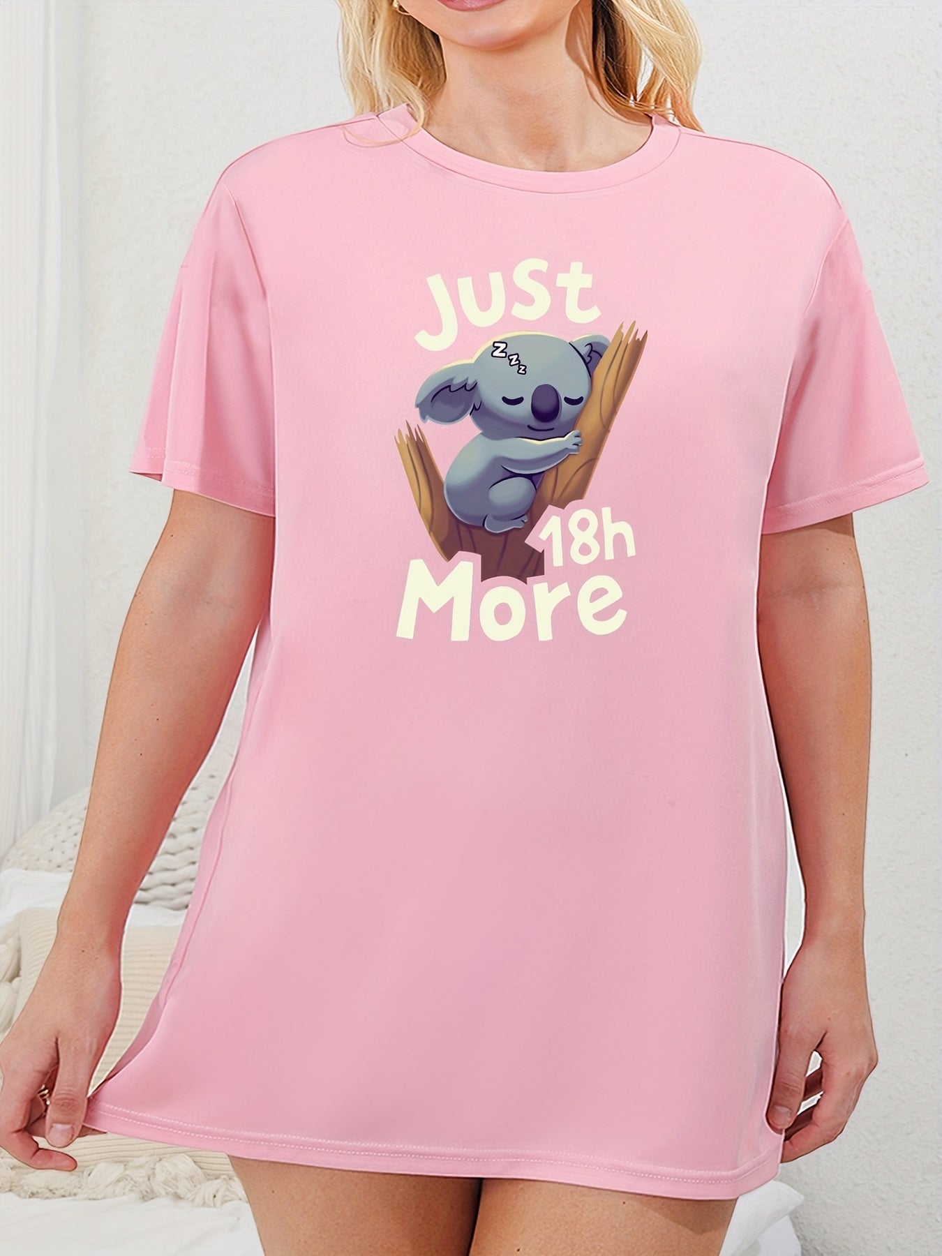  Cartoon Koala & Letter Print Nightdress Crew Neck Sleep Dress