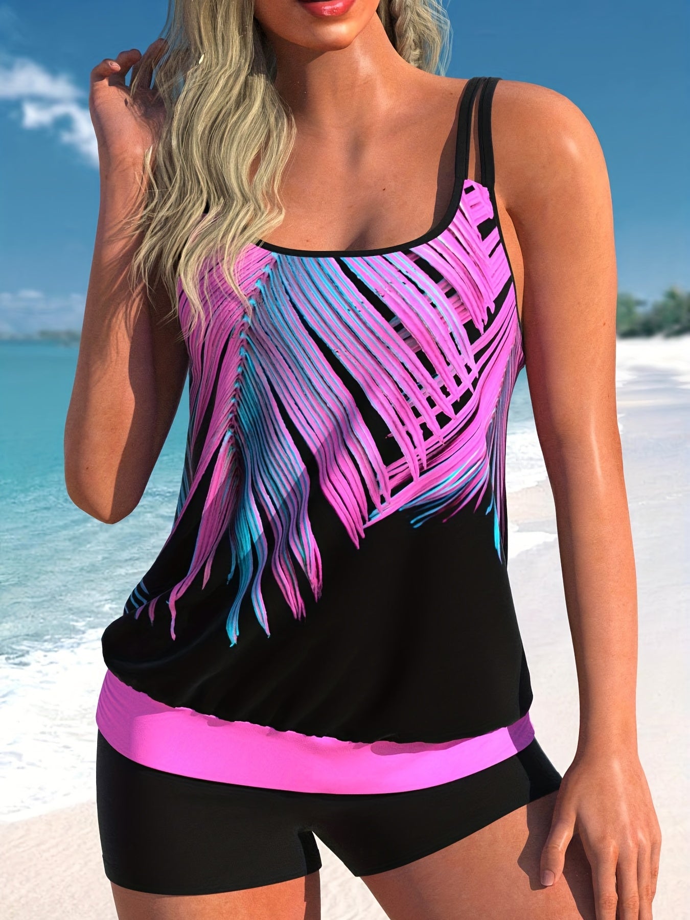  Tropical Print Tankini Set Women's Plus Cami Top & Shorts Swimsuit