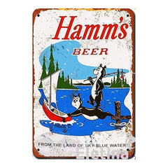 Vintage Metal Tin Sign 1956 Hamm's Beer Bears Fishing 7x11 inches
