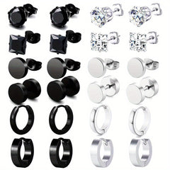 12pairs Steel Ear Studs Unisex Earrings Men Women