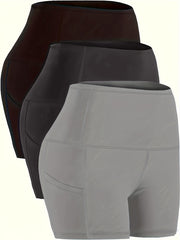 3 Pack Plus Size Sports Shorts Set Women's Plus Solid Wide Waistband
