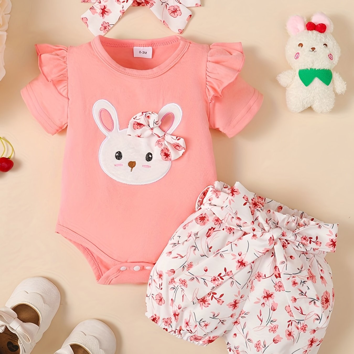 3pcs Baby Girls Rabbit Print Onesie & Floral Shorts Set