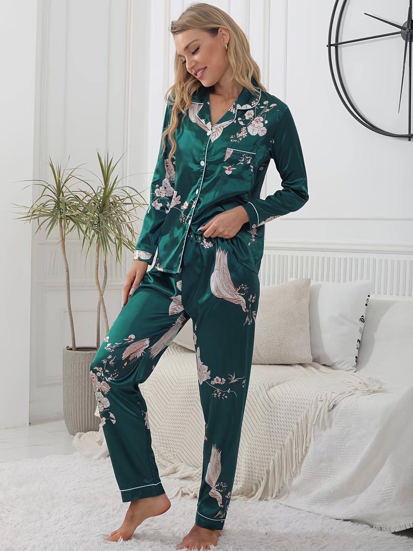 Floral Satin Pajama Set Long Sleeve Tops & Pants Women's Loungewear