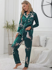 Floral Satin Pajama Set Long Sleeve Tops & Pants Women's Loungewear