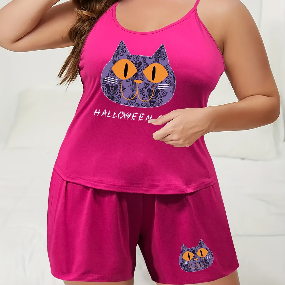  Funny Cat & Letter Print Pajama Set for Women