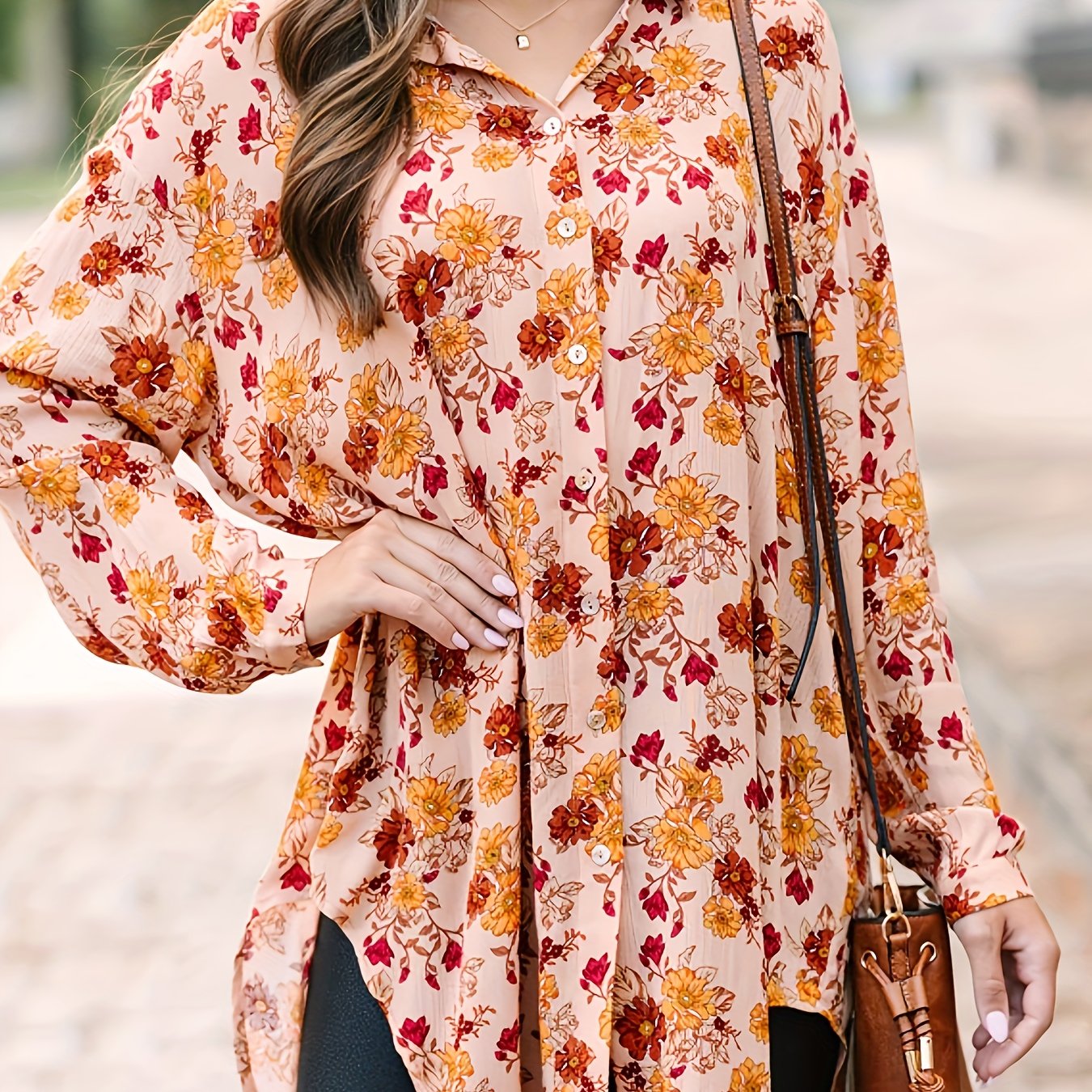  Ditsy Floral Print Long Sleeve Button Up Tunic Shirt Top
