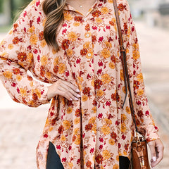  Ditsy Floral Print Long Sleeve Button Up Tunic Shirt Top
