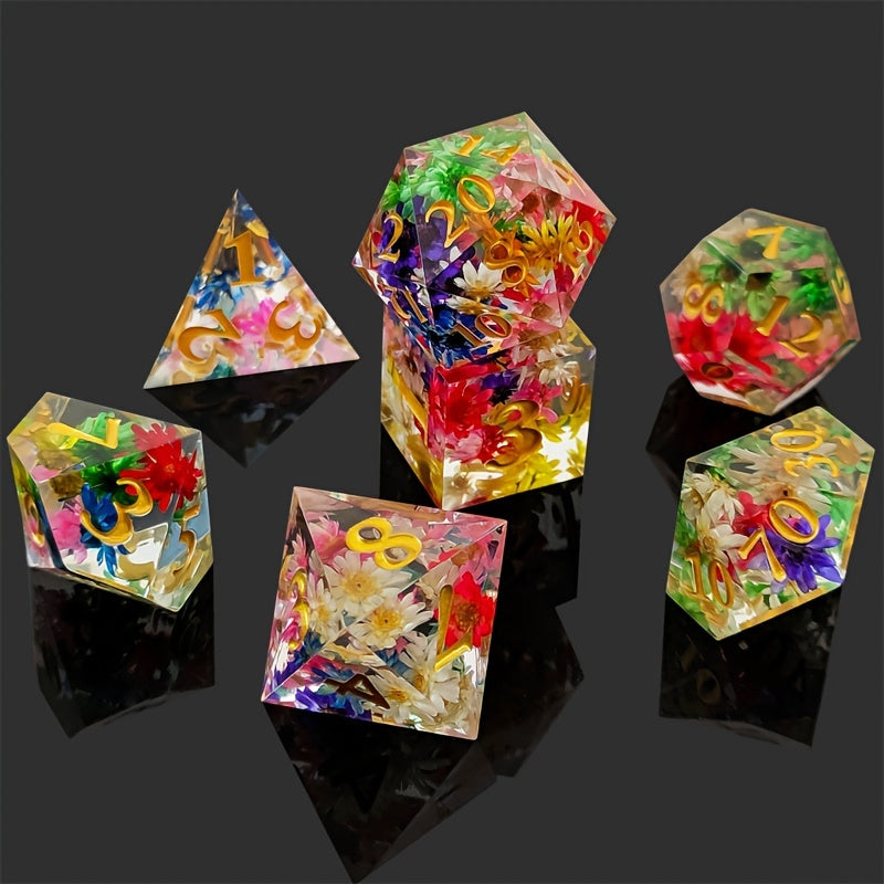 7pcs Transparent Flower Resin Dice Game Accessories
