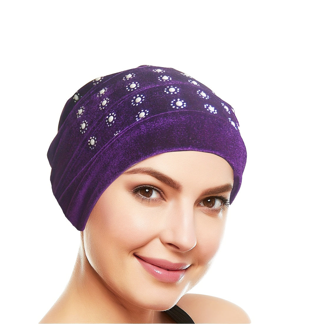 Rhinestone Decor Turban Cap Velvet Head Wrap Elastic Bonnet Head Scarf Women
