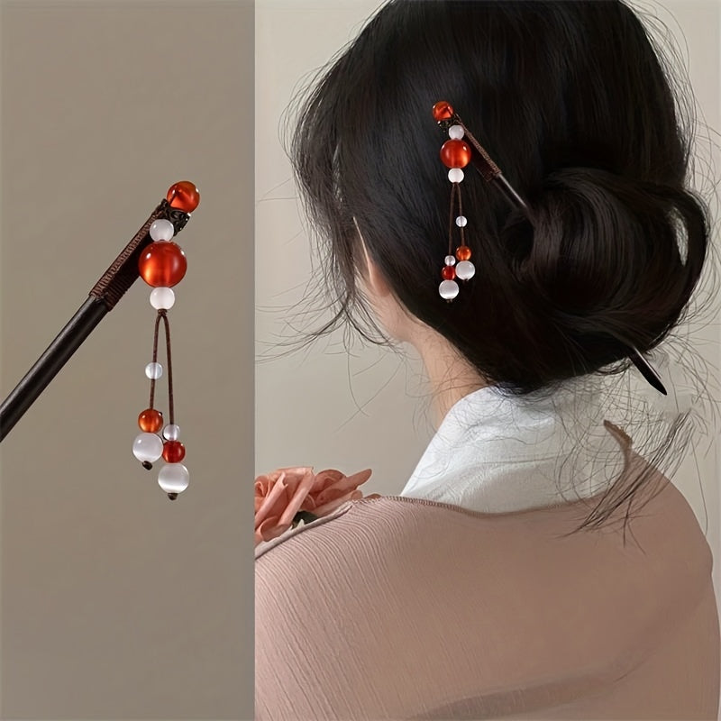 Red Beads Pendant Hair Pin Chinese Style Hair Stick Ponytail Holder